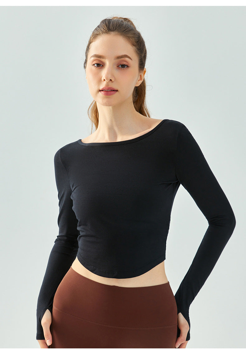 yoga clothing long-sleeved solid color loose sports top arc hem breathable quick-drying fitness clothing
