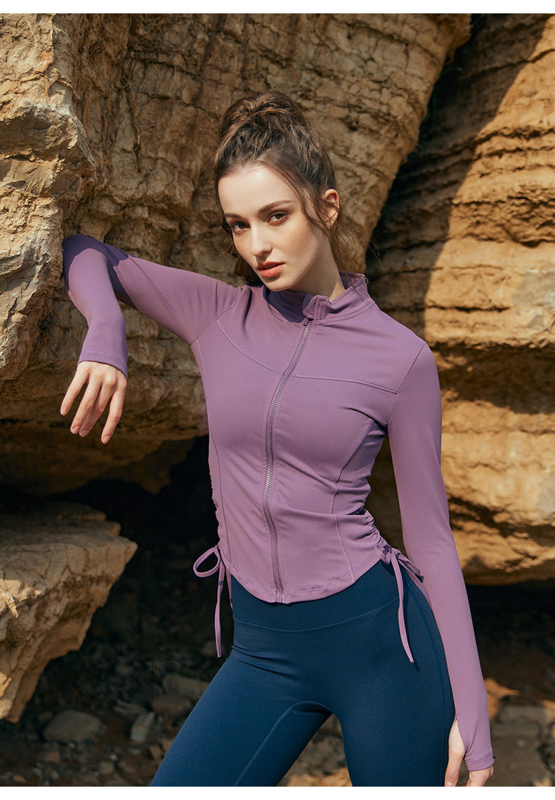 2023.08 Autumn and winter zipper drawstring fitness top women's stand-up collar slim fit yoga clothing long-sleeved outdoor running sports jacket