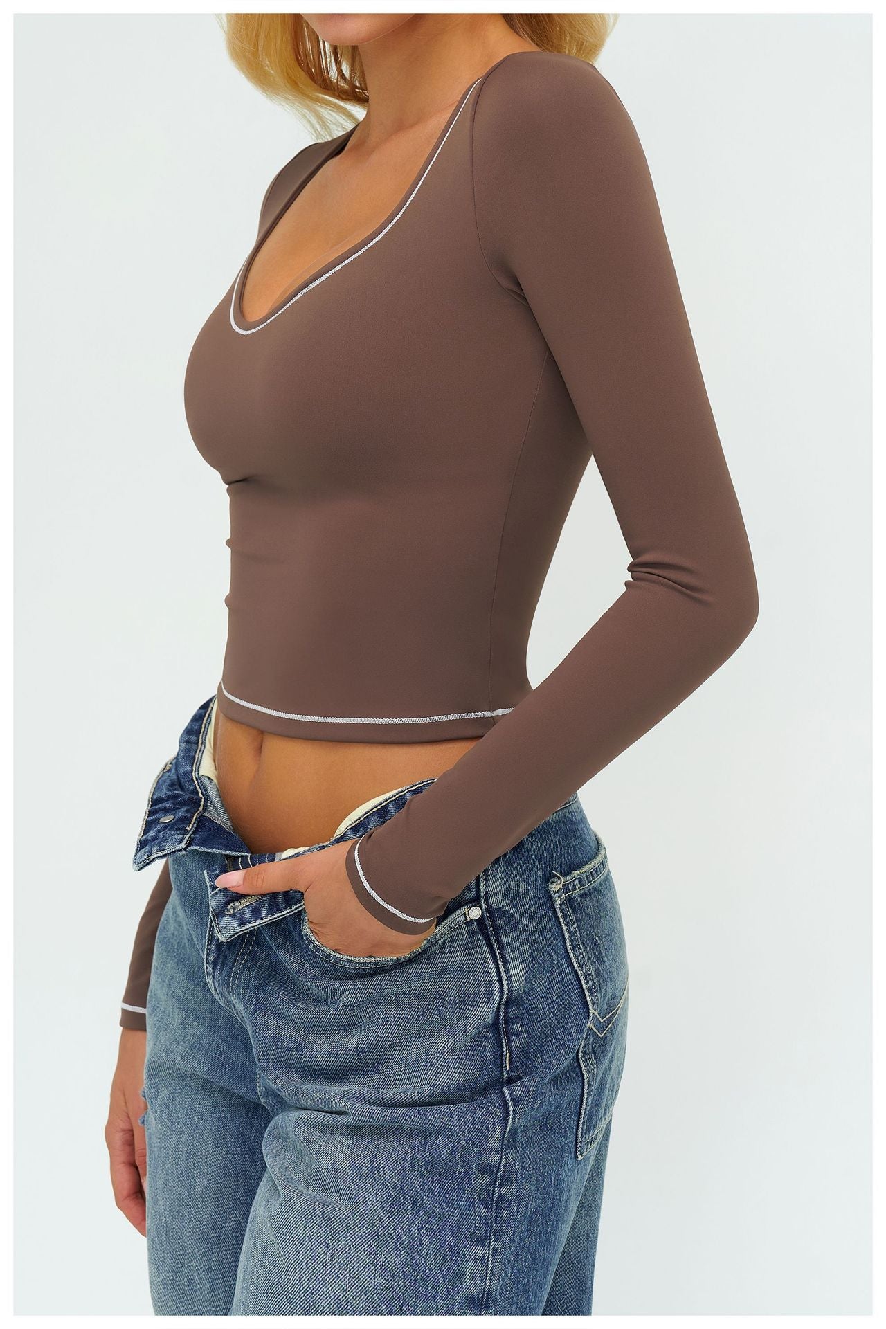 11/2025 Autumn/Winter Yoga Long-Sleeved Color-Blocked Brushed Fleece Slim Fit Fashion T-Shirt Outdoor Running Sports Long-Sleeved Top 7028