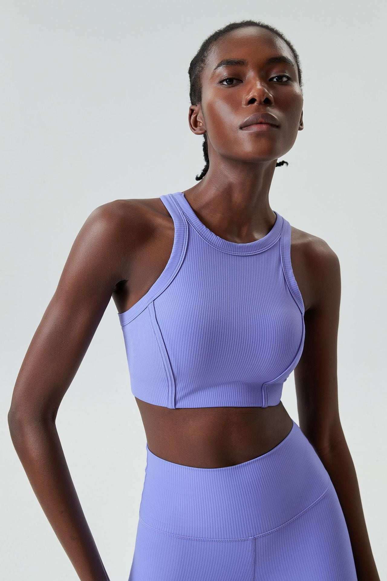 04/2024 ribbed High neck willow strip fan round oxygen cup sports bra women's long yoga fitness vest running bra