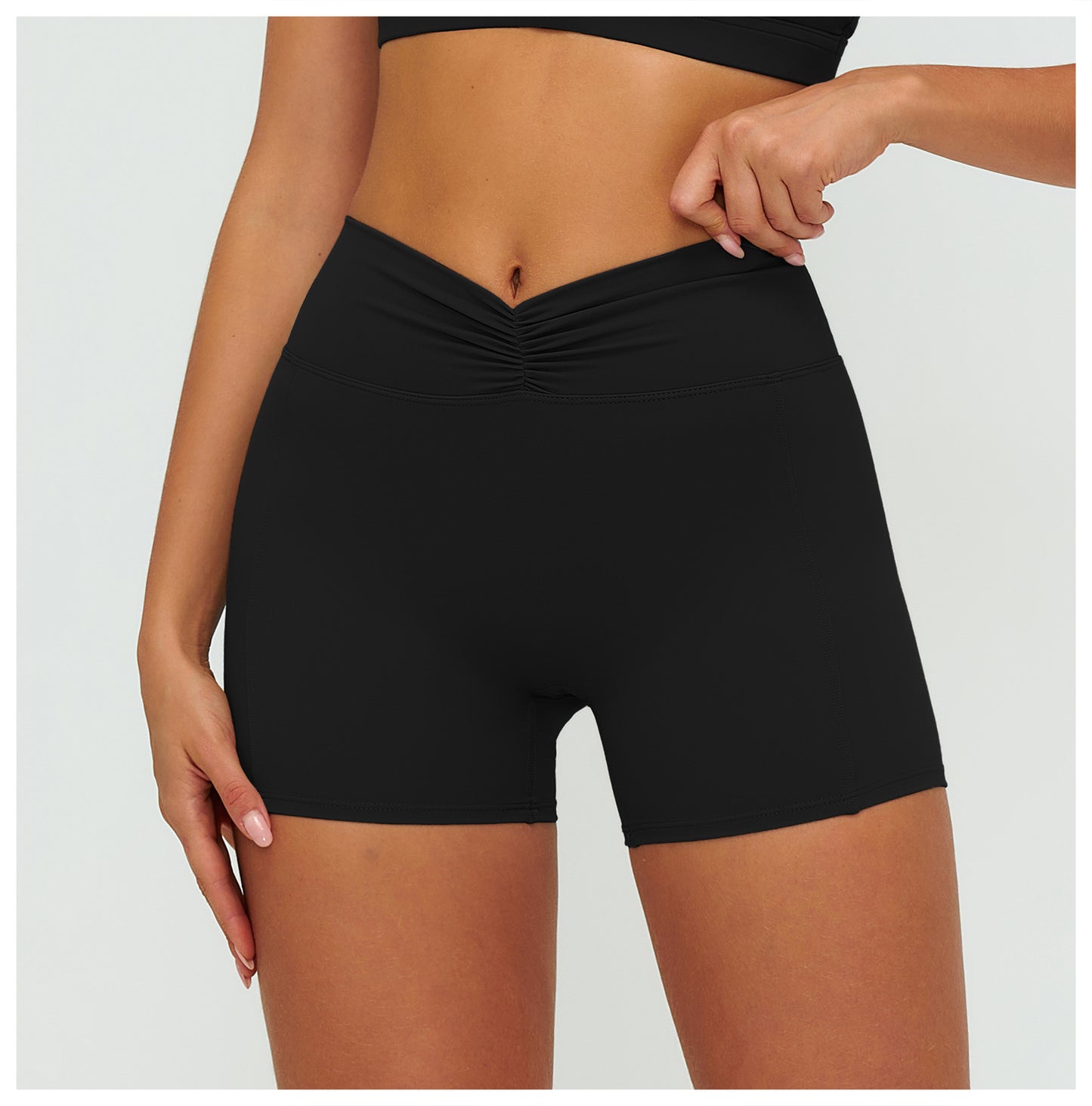12/2025 Women's high-waisted, brushed yoga shorts with pleats and hip-lifting design, perfect for outdoor running and sports (style number 9313).