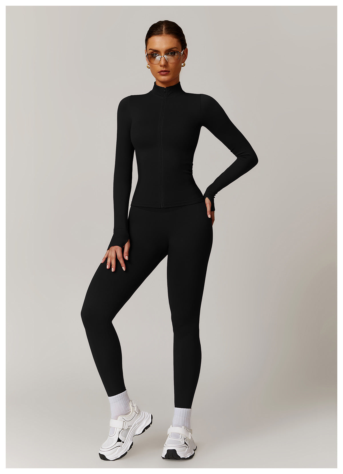 03/2026 Seamless stand-up collar zipper yoga set, windproof, slim fit, warm top, sports running set 7755