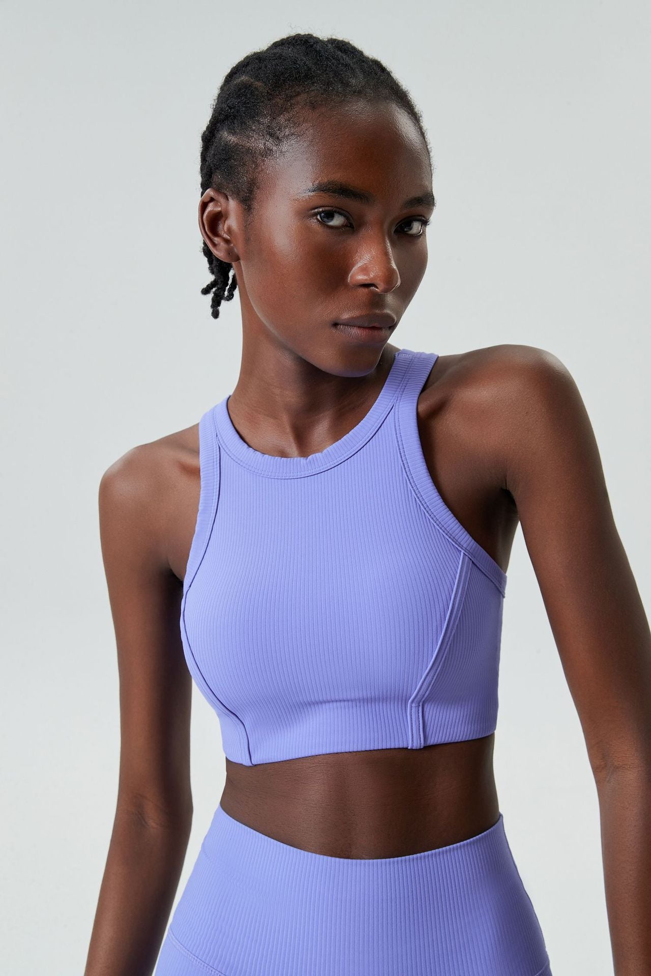 04/2024 ribbed High neck willow strip fan round oxygen cup sports bra women's long yoga fitness vest running bra