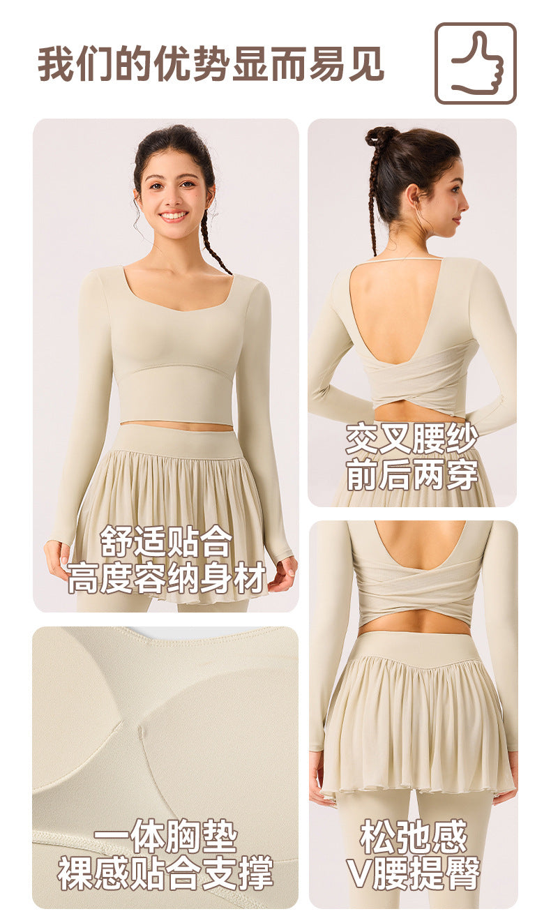 09/2025 Autumn and winter vacation two-piece sports trousers skirt can be worn outside the gym quick-drying running yoga T-shirt beautiful back breathable long sleeves