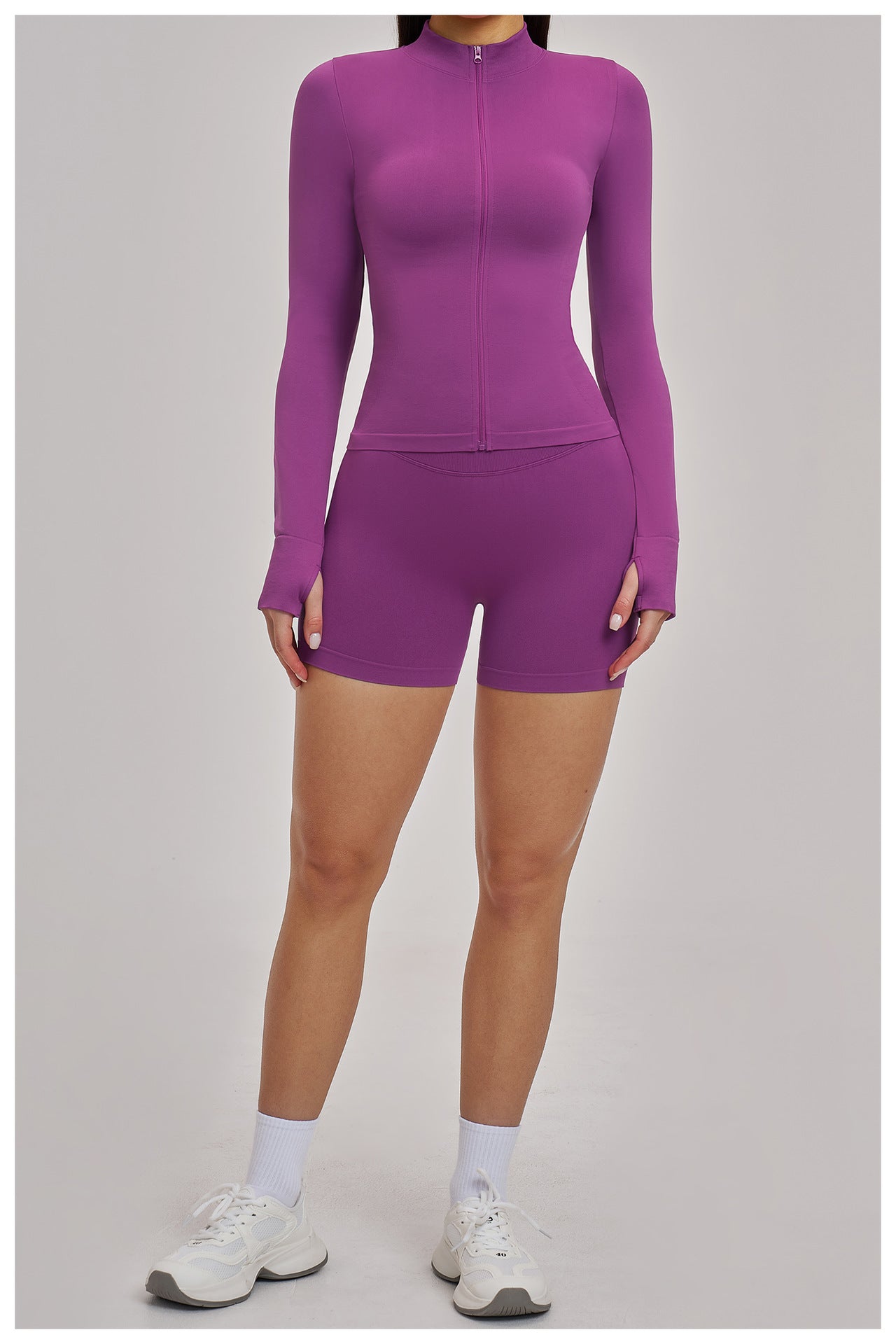 03/2026 Seamless stand-up collar zipper yoga set, windproof, slim fit, warm top, sports running set 7755