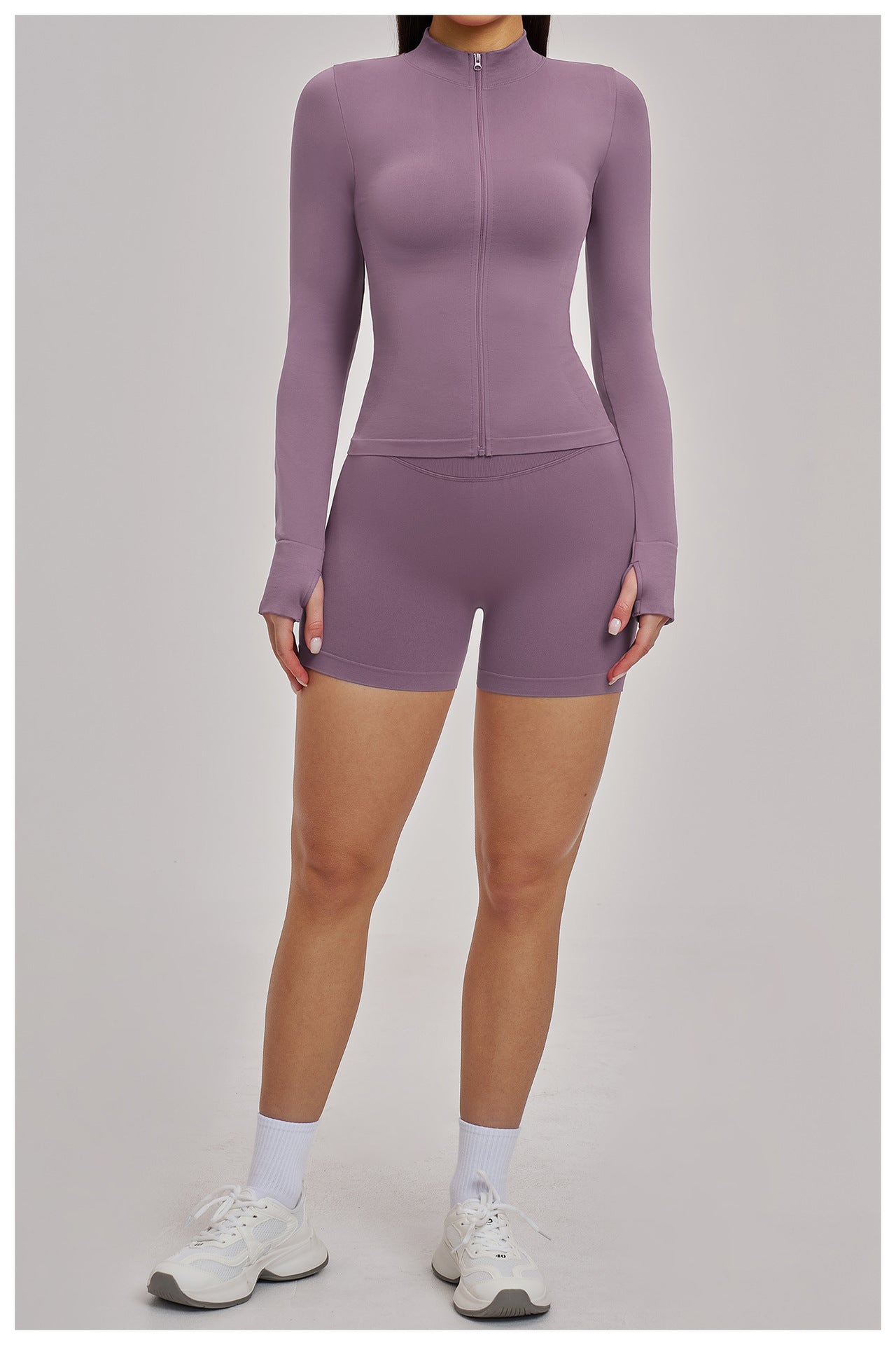 03/2026 Seamless stand-up collar zipper yoga set, windproof, slim fit, warm top, sports running set 7755