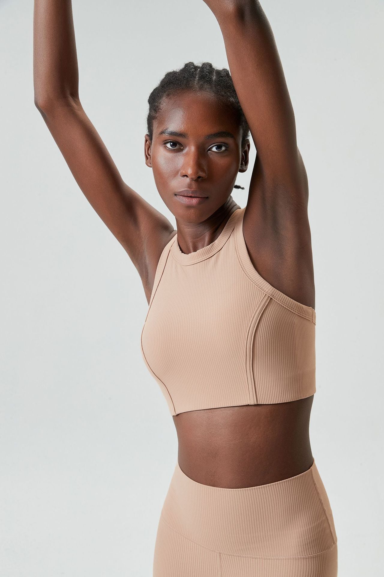 04/2024 ribbed High neck willow strip fan round oxygen cup sports bra women's long yoga fitness vest running bra