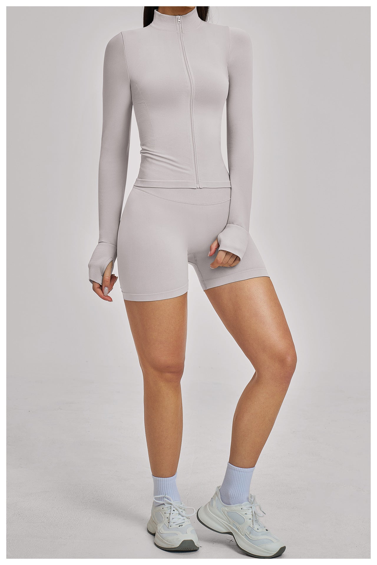 03/2026 Seamless stand-up collar zipper yoga set, windproof, slim fit, warm top, sports running set 7755