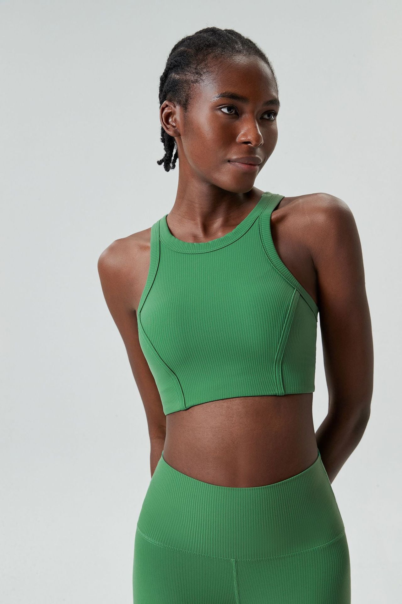 04/2024 ribbed High neck willow strip fan round oxygen cup sports bra women's long yoga fitness vest running bra