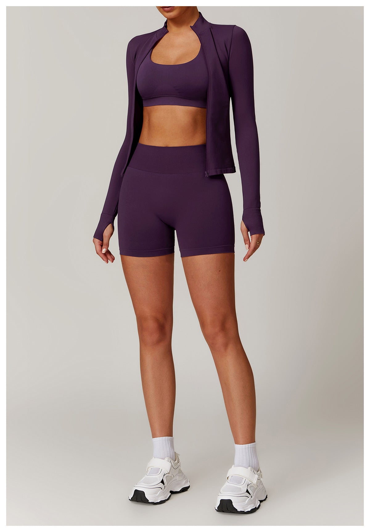 03/2026 Seamless stand-up collar zipper yoga set, windproof, slim fit, warm top, sports running set 7755