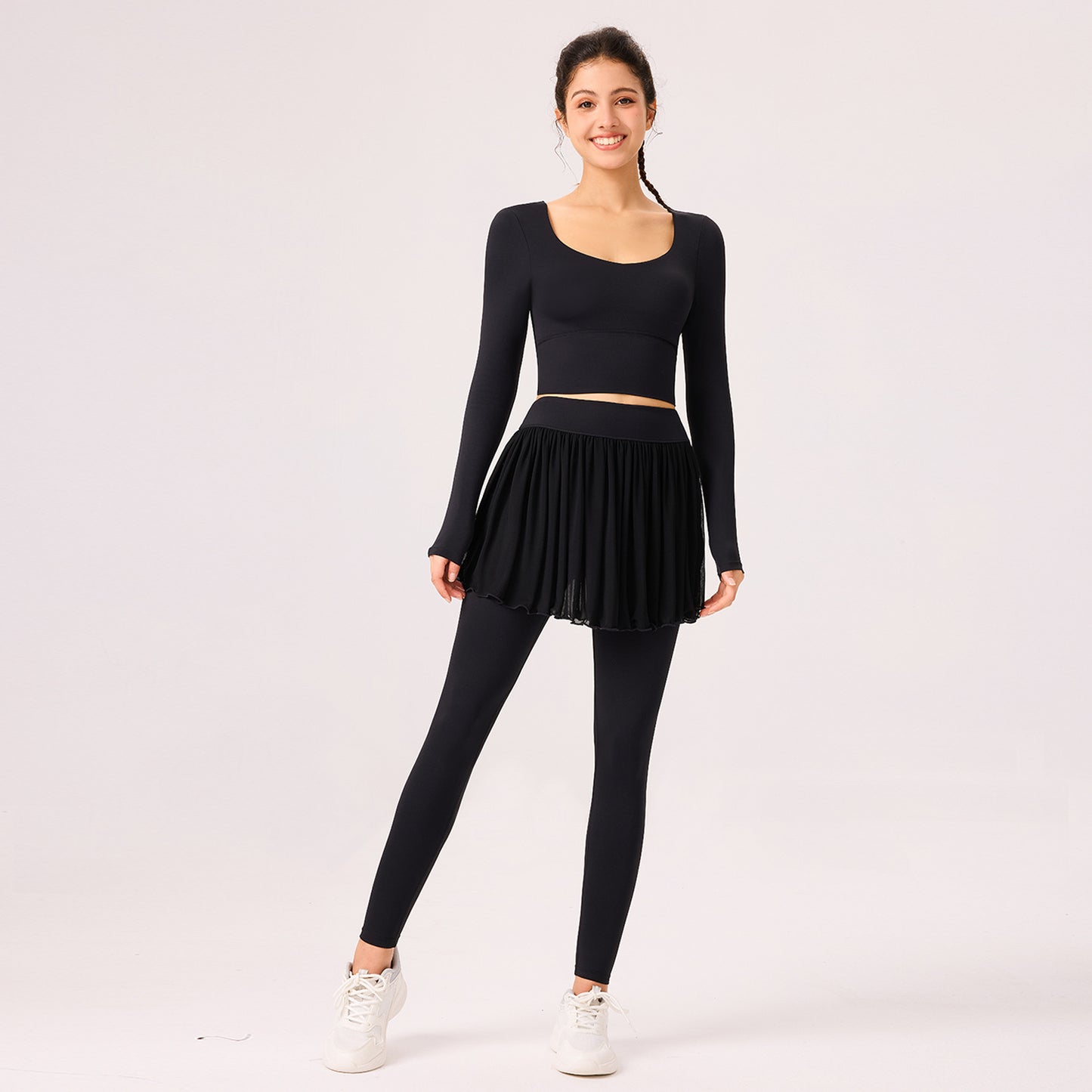 09/2025 Autumn and winter vacation two-piece sports trousers skirt can be worn outside the gym quick-drying running yoga T-shirt beautiful back breathable long sleeves