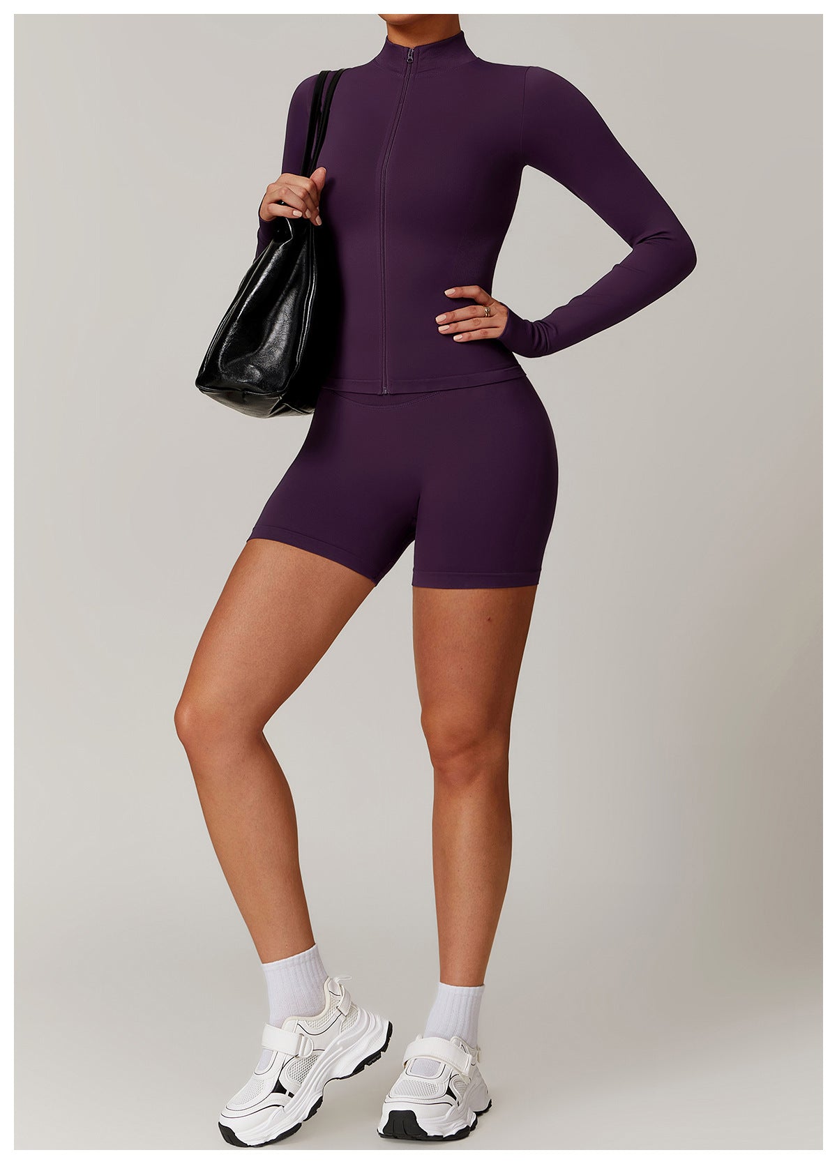 03/2026 Seamless stand-up collar zipper yoga set, windproof, slim fit, warm top, sports running set 7755