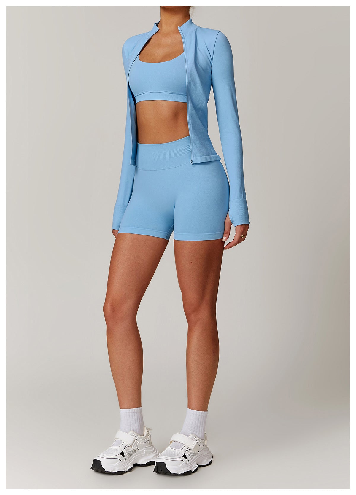 03/2026 Seamless stand-up collar zipper yoga set, windproof, slim fit, warm top, sports running set 7755