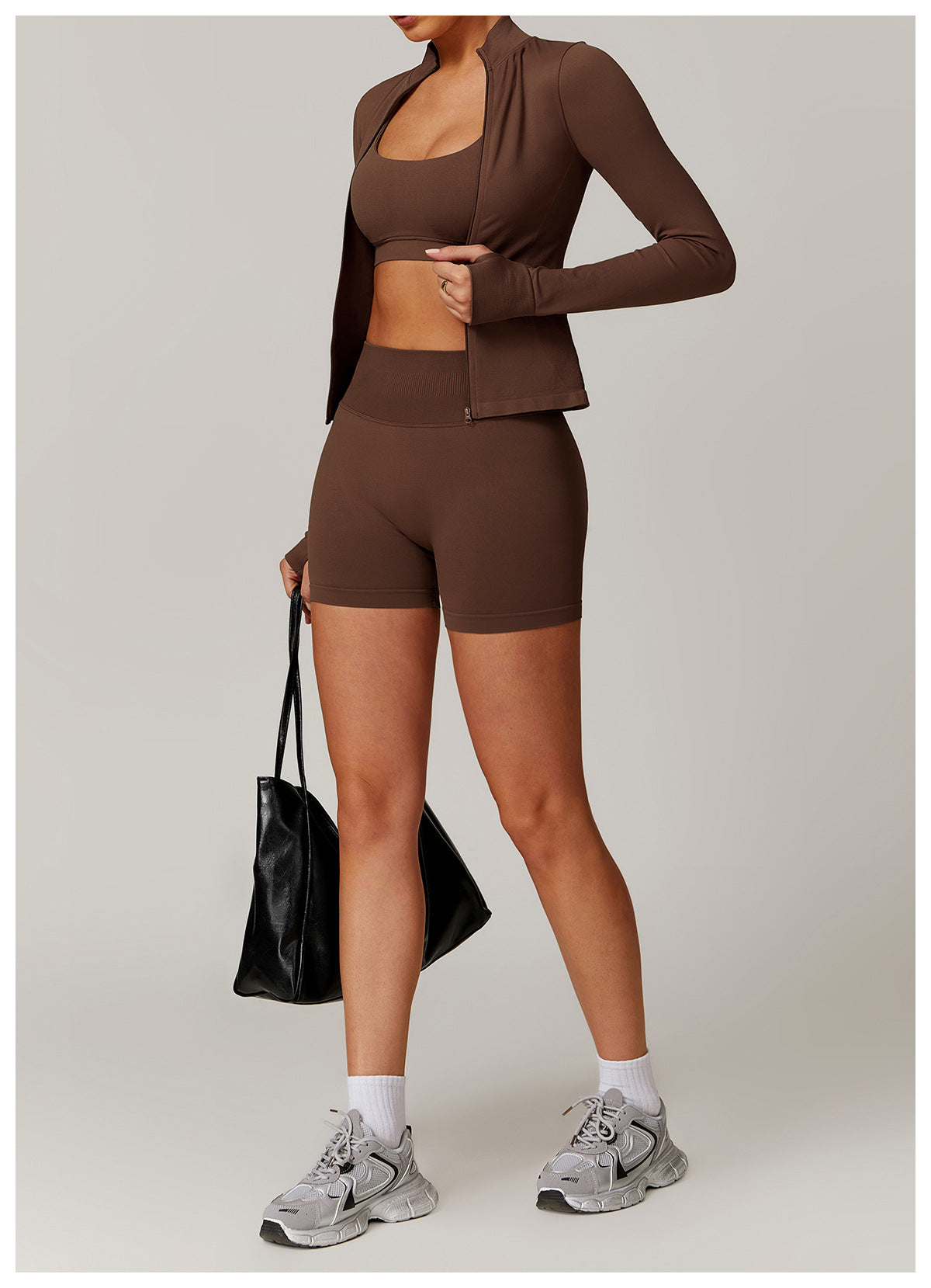 03/2026 Seamless stand-up collar zipper yoga set, windproof, slim fit, warm top, sports running set 7755