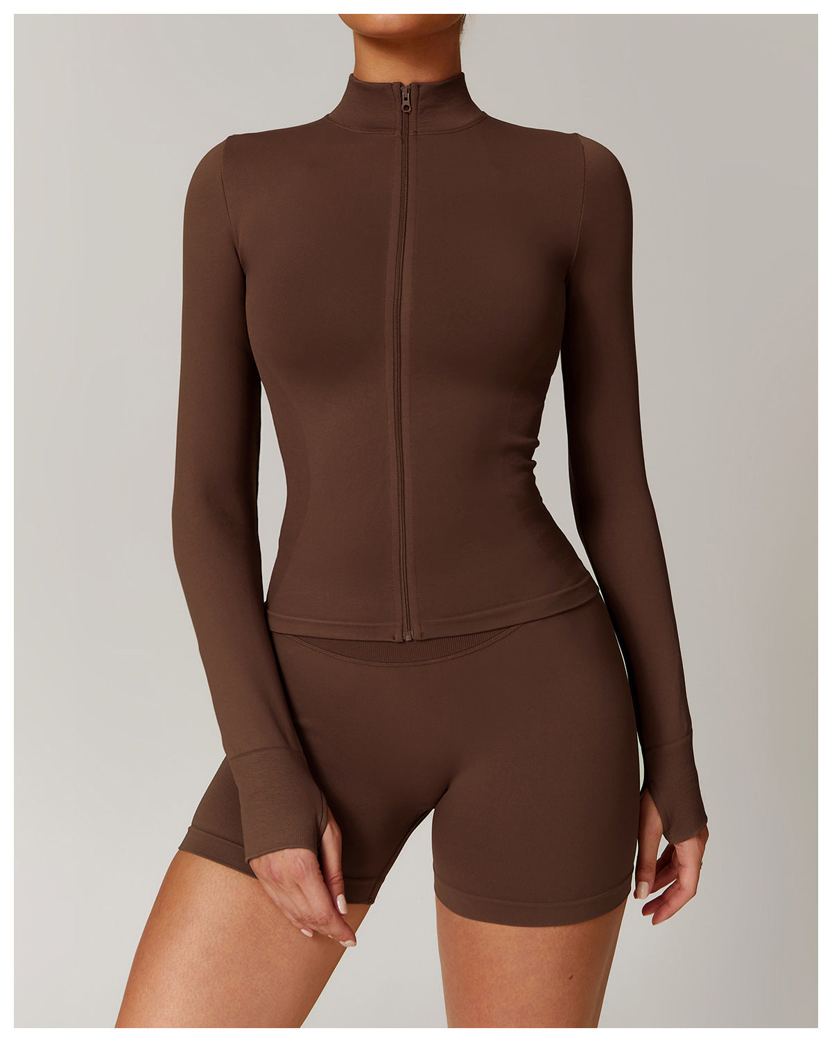 03/2026 Seamless stand-up collar zipper yoga set, windproof, slim fit, warm top, sports running set 7755