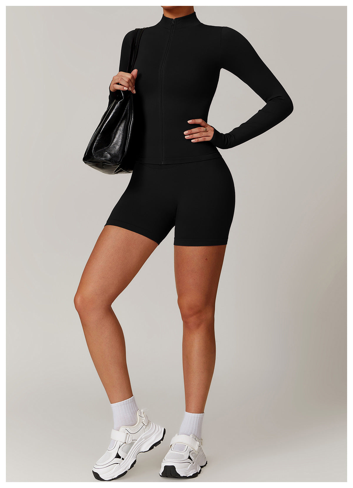 03/2026 Seamless stand-up collar zipper yoga set, windproof, slim fit, warm top, sports running set 7755