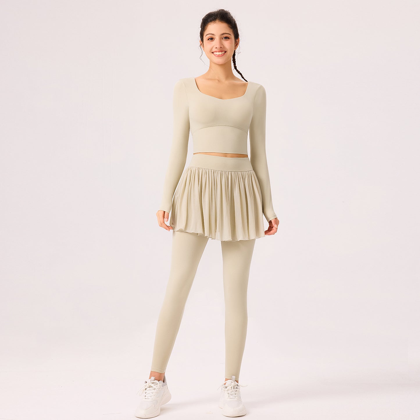 09/2025 Autumn and winter vacation two-piece sports trousers skirt can be worn outside the gym quick-drying running yoga T-shirt beautiful back breathable long sleeves