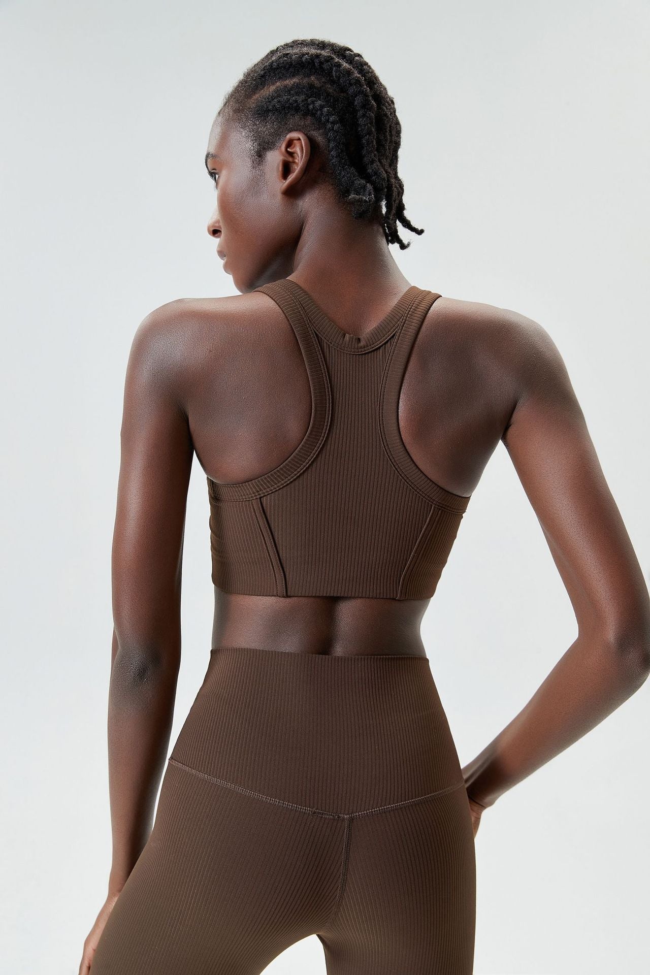 04/2024 ribbed High neck willow strip fan round oxygen cup sports bra women's long yoga fitness vest running bra