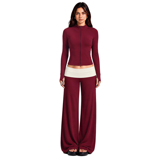 Wholesale Women’s Activewear Set | Color-Block High-Neck Jacket & Quick-Dry Workout Trousers | fouregg