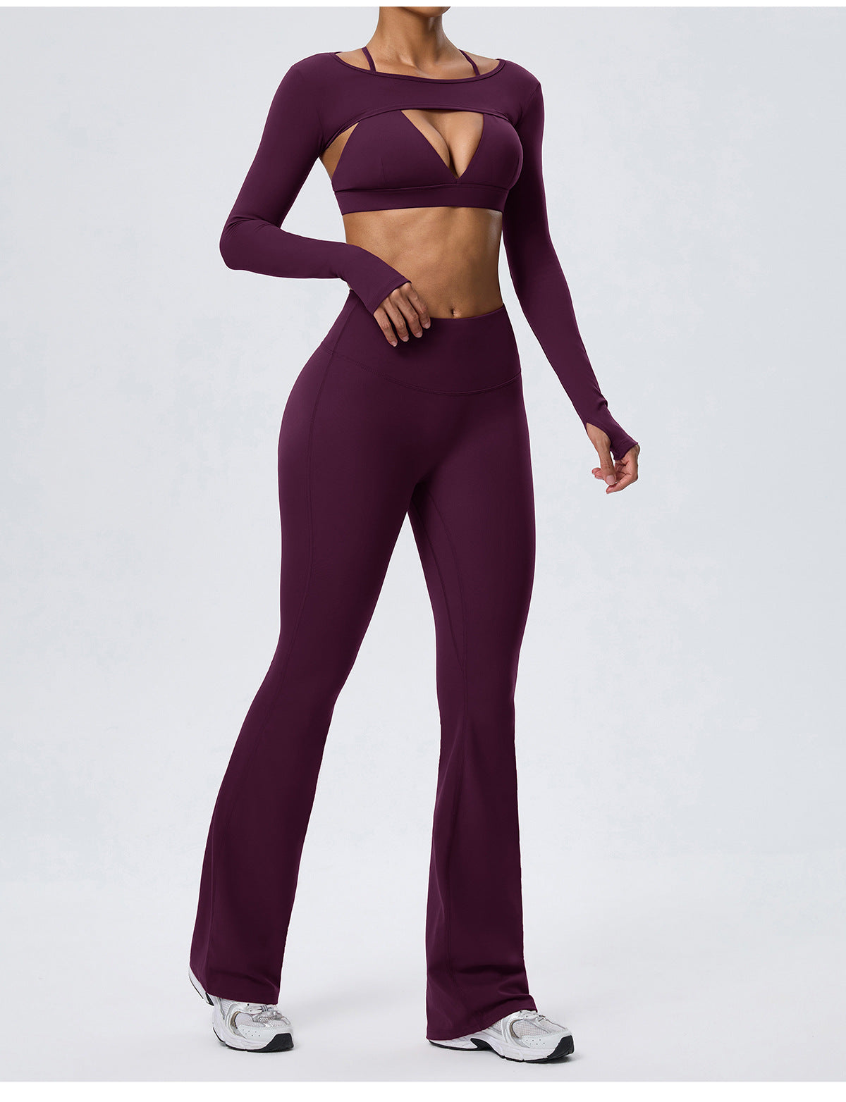 Wholesale Nude-Feel Activewear Set | Double-Brushed Bra, Butt-Lift Flare Pants & Cover-Up | fouregg