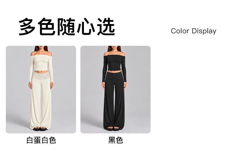 Wholesale Women’s Activewear Set | Color-Block Off-Shoulder Top & Polka Dot Workout Trousers | fouregg