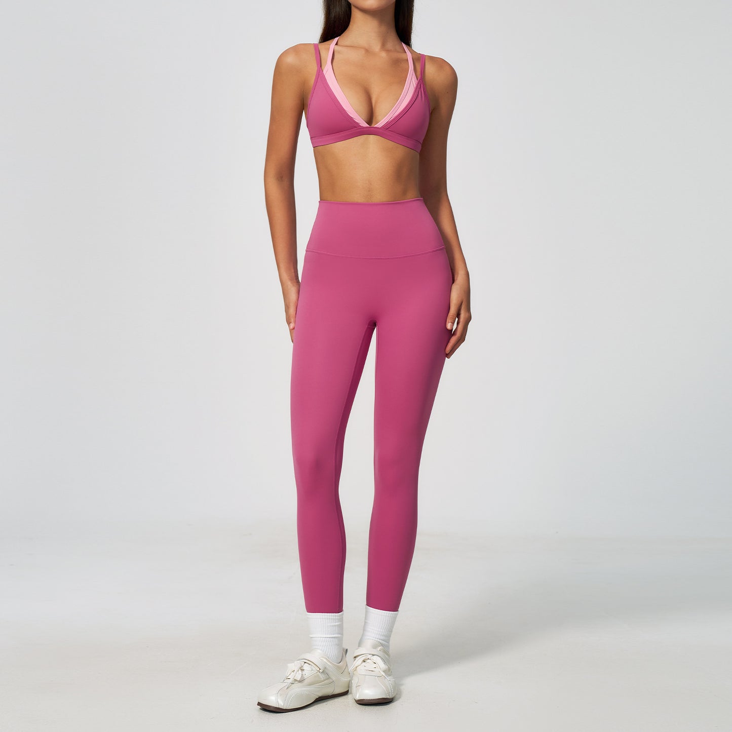 fouregg Faux Twinset Yoga Set Skinny Straps Layered Look Gym Workout Set #6116