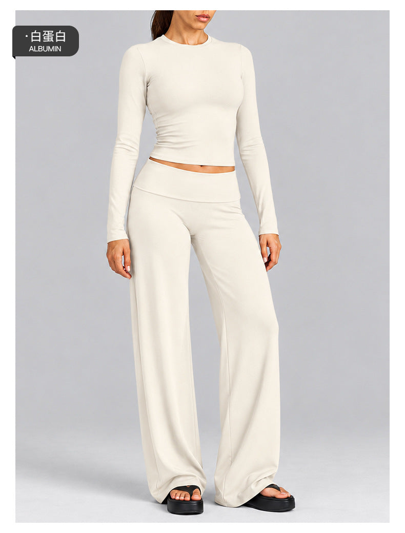 Wholesale Women’s Activewear Set | Fitted Long Sleeve Tee & Loose-Fit Foldover Waist Workout Pants | fouregg
