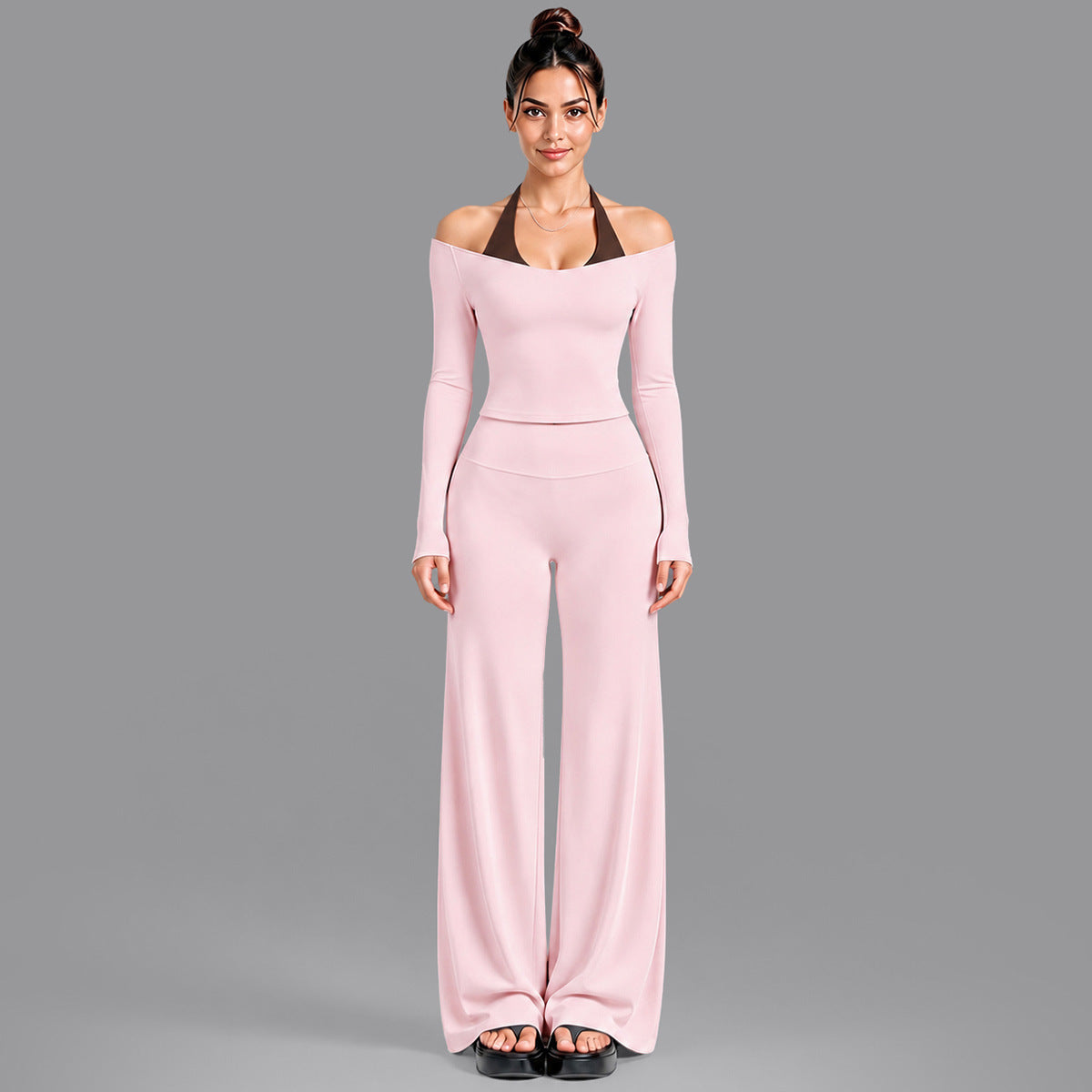 Wholesale Women’s Activewear Set | Double-Layer Halter Sports Top & Breathable Fitness Leggings | fouregg - 6278 Long Sleeve + 1339 Straight-Leg Pants Light Pink