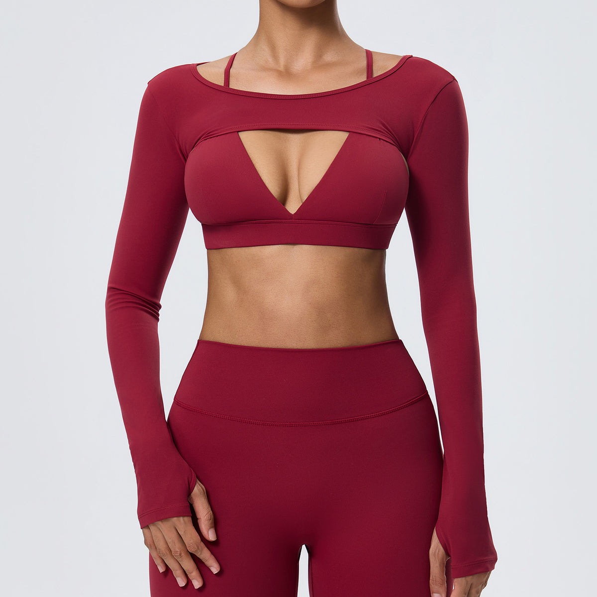 Wholesale Women’s Long-Sleeve Yoga Cover-Up | Bulk Stretch Activewear 62538 | fouregg - Deep Red
