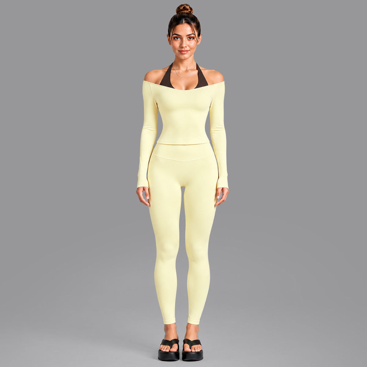 Wholesale Women’s Activewear Set | Double-Layer Halter Sports Top & Breathable Fitness Leggings | fouregg - 6278 Long Sleeve + 1352 Leggings Cream Yellow