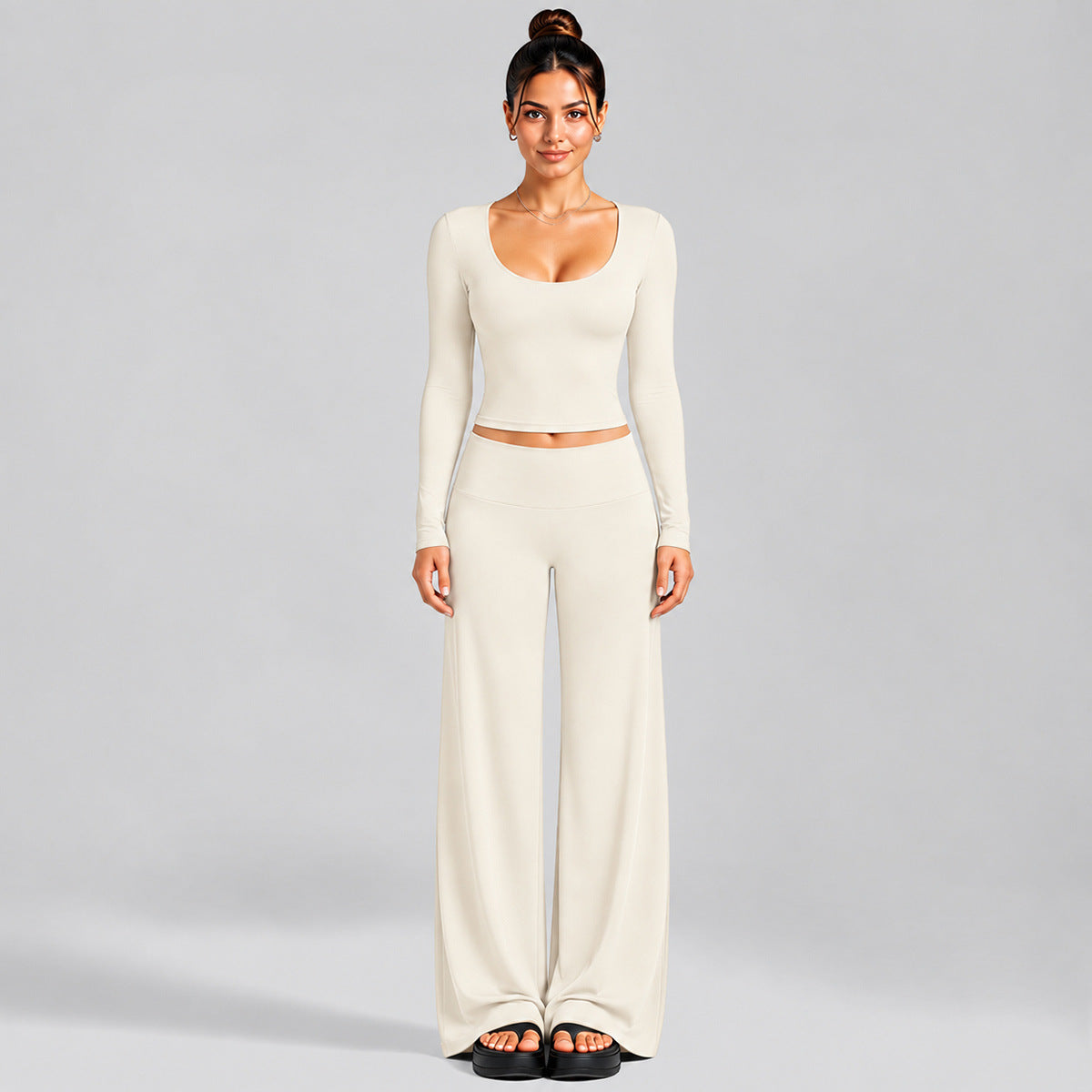 Wholesale Women’s Activewear Set | Fitted Long Sleeve Workout Tee & High-Waisted Fitness Pants | fouregg - Off-white