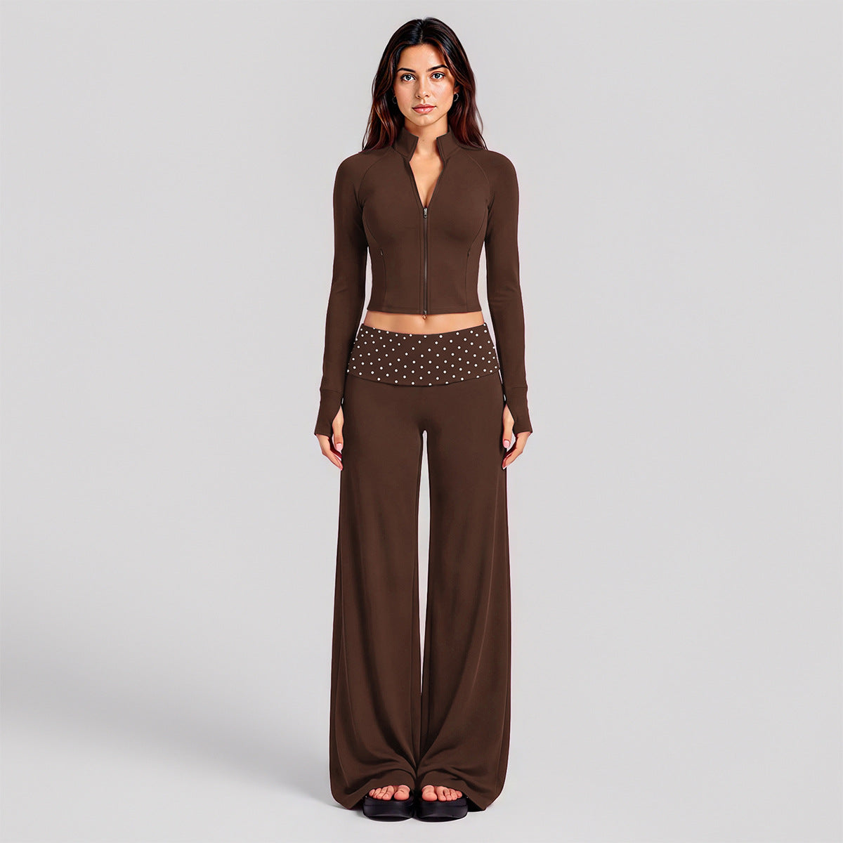 Wholesale Women’s Activewear Set | Quick-Dry Color-Block Track Jacket & Polka Dot Yoga Pants | fouregg - XL37 Jacket + 6181 Pants, Dark Coffee