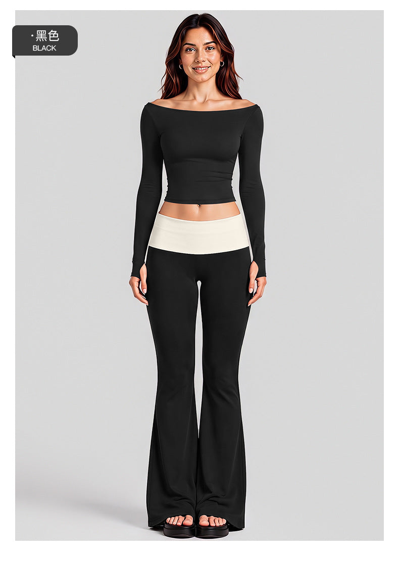 Wholesale Women’s Activewear Set | Quick-Dry Long Sleeve Off-Shoulder Top & High-Waisted Workout Pants | fouregg