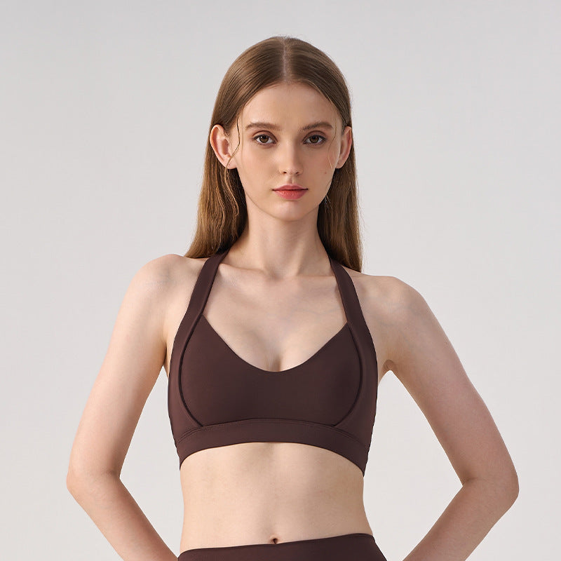 Wholesale Women’s Open-Back Sports Bra | Shockproof Supportive Yoga & Running Crop Top | fouregg - Dark Coffee