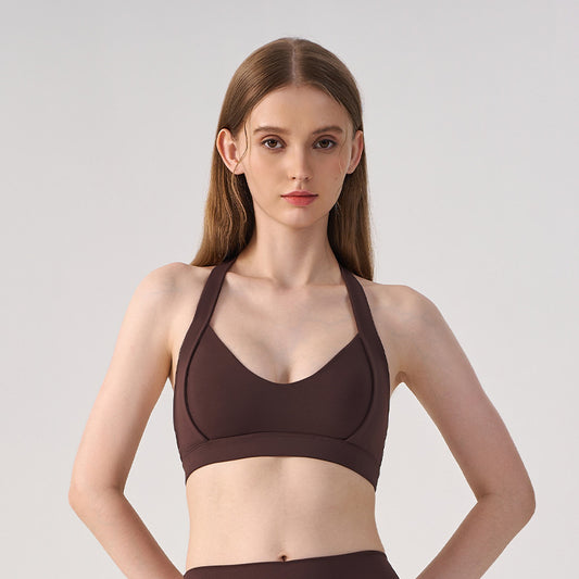 Wholesale Women’s Open-Back Sports Bra | Shockproof Supportive Yoga & Running Crop Top | fouregg - Dark Coffee