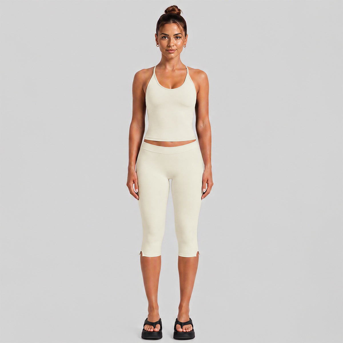 Wholesale Women’s Fitness Set | Backless Halter Sports Top & 3/4-Length Workout Pants | fouregg - Egg White