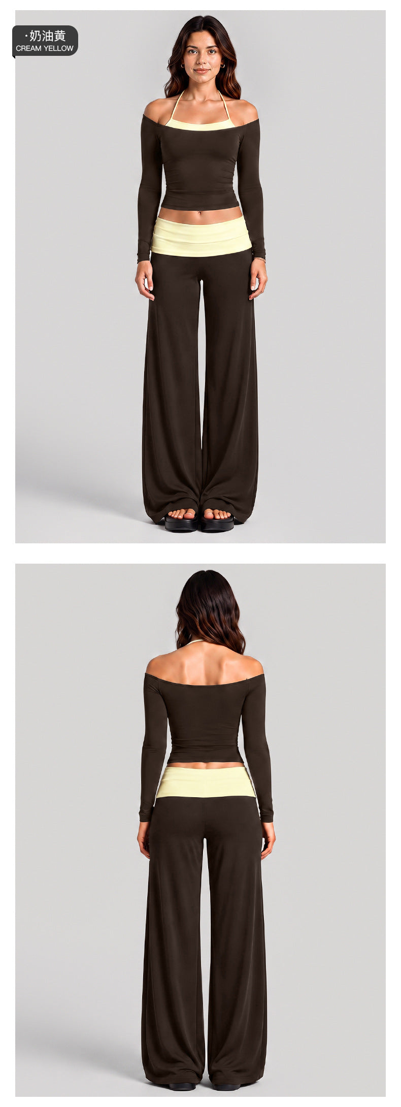 Wholesale Women’s Activewear Set | Long Sleeve Mock-Layer Halter Top & Straight-Leg Yoga Pants | fouregg