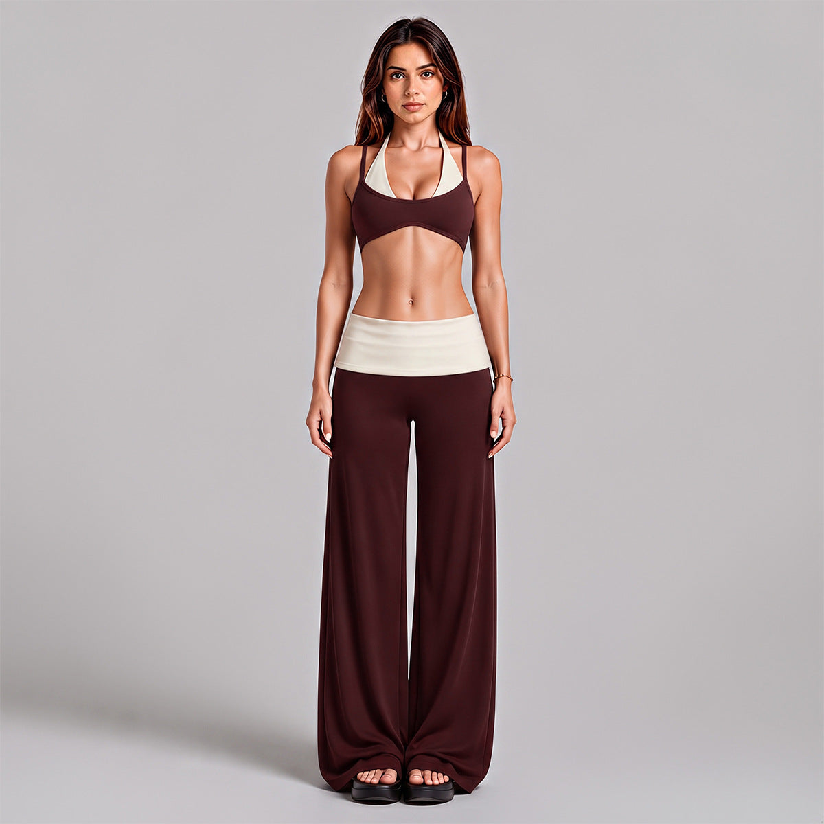 Wholesale Women’s Activewear Set | Backless Halter Bra & Color-Block High-Waisted Yoga Pants | fouregg - Underwear + Long Pants, Ankara Red