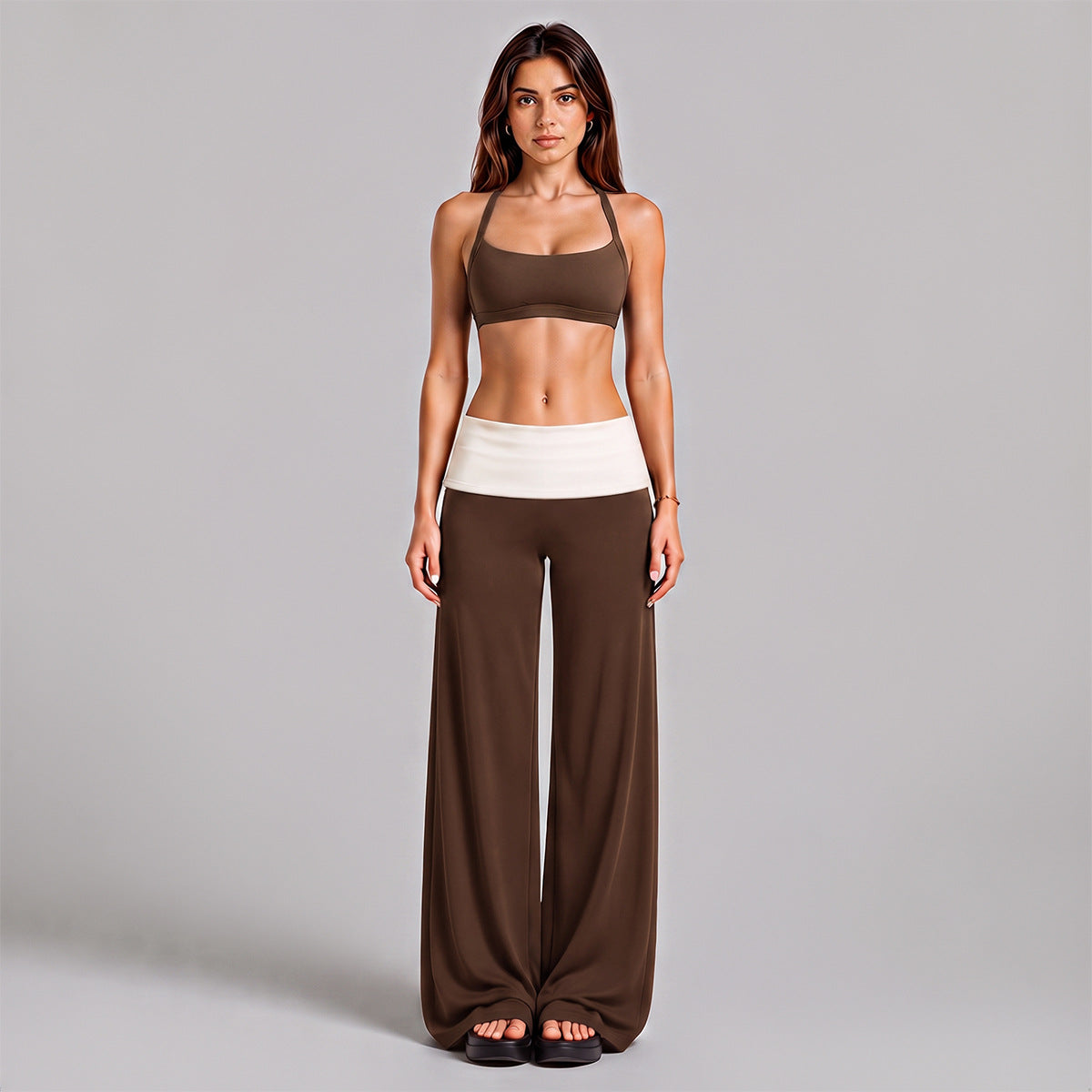 Wholesale Women’s Activewear Set | Workout Bra & Loose-Fit Color-Block Yoga Trousers | fouregg - Pants + Underwear, Dark Coffee Brown