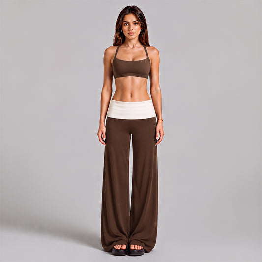 Wholesale Women’s Activewear Set | Workout Bra & Loose-Fit Color-Block Yoga Trousers | fouregg - Pants + Underwear, Dark Coffee Brown
