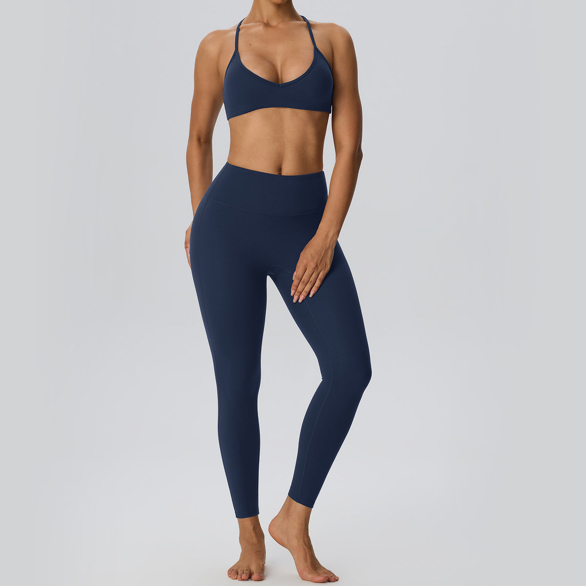 Wholesale Women’s Double-Brushed Yoga Set | Bulk Sculpting Sports Bra & High-Waist Leggings | fouregg - Navy Blue
