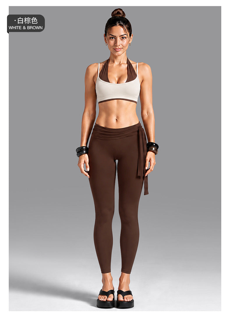 Wholesale Women’s Activewear Set | Dual-Layer Halter Sports Top & Tie-Detail Quick-Dry Workout Pants | fouregg