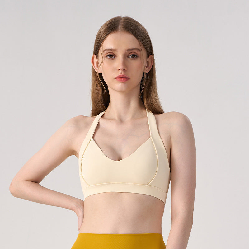 Wholesale Women’s Open-Back Sports Bra | Shockproof Supportive Yoga & Running Crop Top | fouregg - Cream Apricot