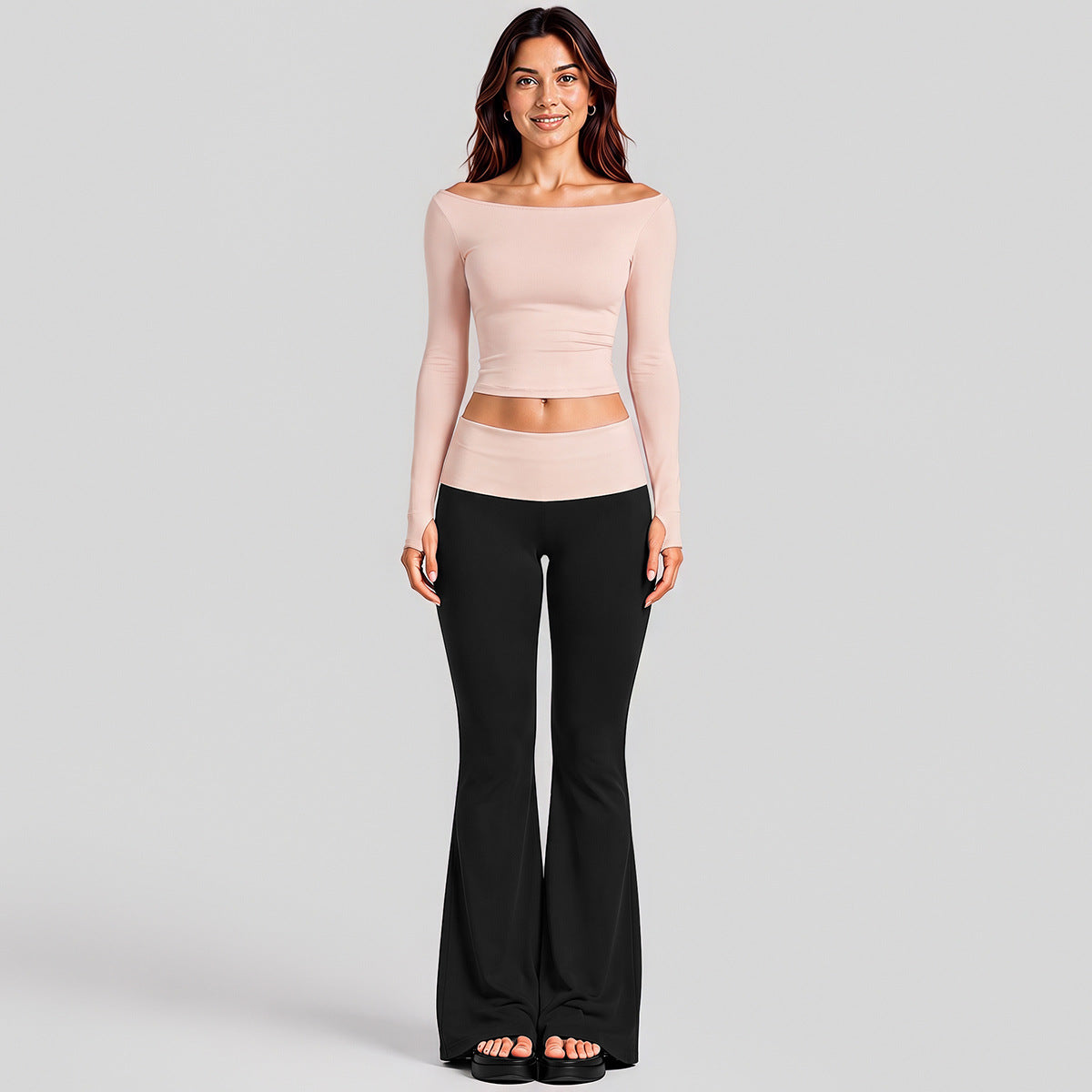 Wholesale Women’s Activewear Set | Quick-Dry Long Sleeve Off-Shoulder Top & High-Waisted Workout Pants | fouregg - Long Sleeve + Flared Pants, Gray Pink