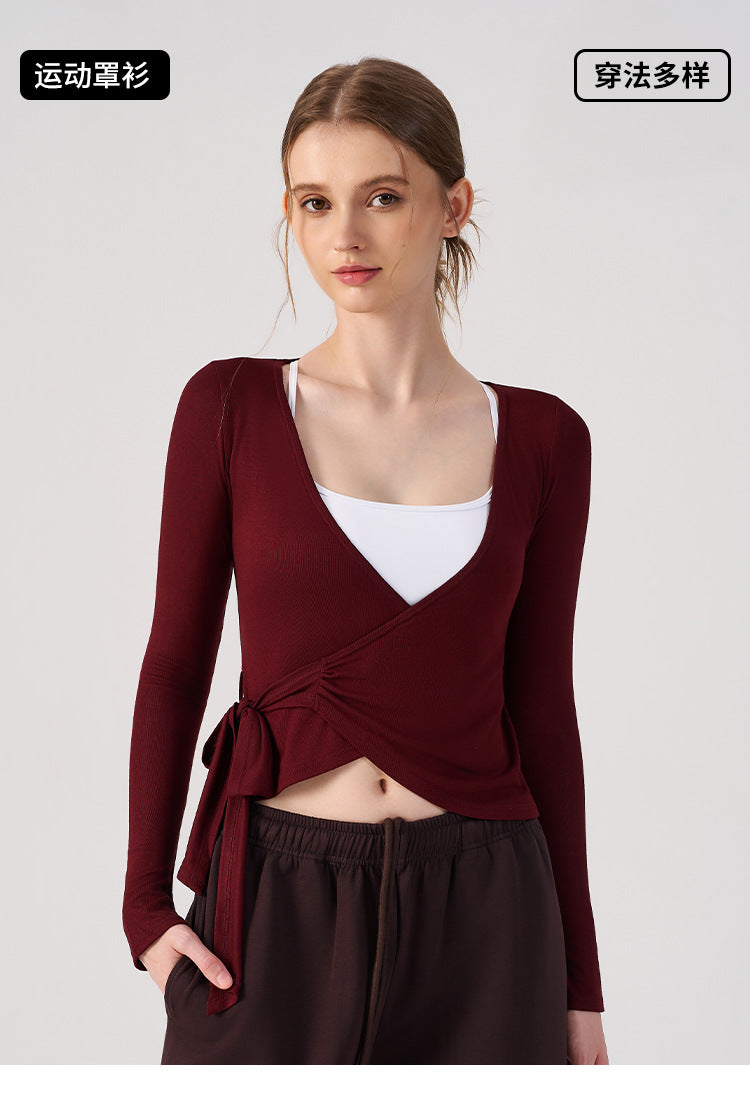Wholesale Women’s Wrap Yoga Top | Thin Long-Sleeve Crossover Cardigan for Pilates & Activewear | fouregg