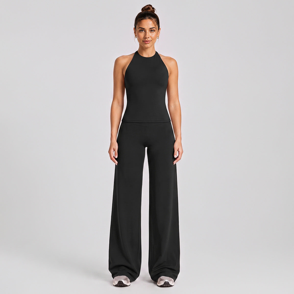 Wholesale Women’s Activewear Set | Slimming Sports Tank & Loose-Fit Workout Pants | fouregg - Wide-Leg Long Set, Black