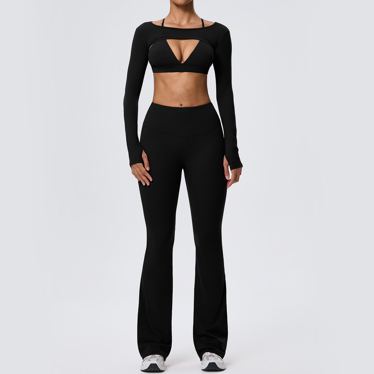 Wholesale Nude-Feel Activewear Set | Double-Brushed Bra, Butt-Lift Flare Pants & Cover-Up | fouregg - Black