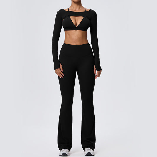 Wholesale Nude-Feel Activewear Set | Double-Brushed Bra, Butt-Lift Flare Pants & Cover-Up | fouregg - Black