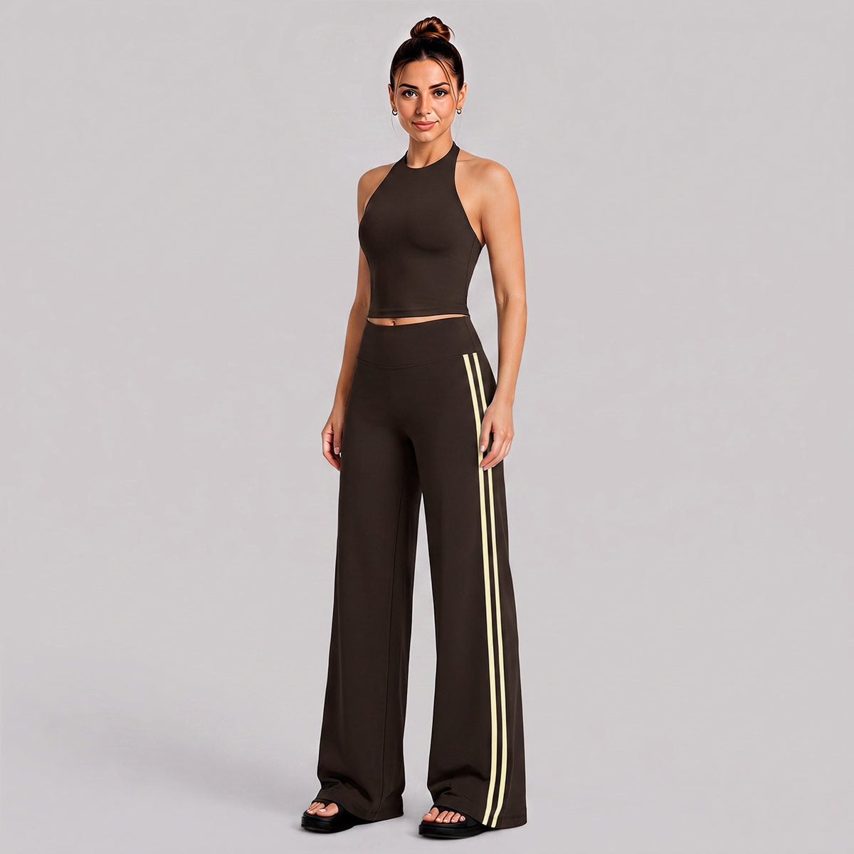 Wholesale Women’s Quick-Dry Yoga Set | Backless Halter Sports Top & Relaxed Straight-Leg Trousers | fouregg - Tank top + pants, root-cover brown