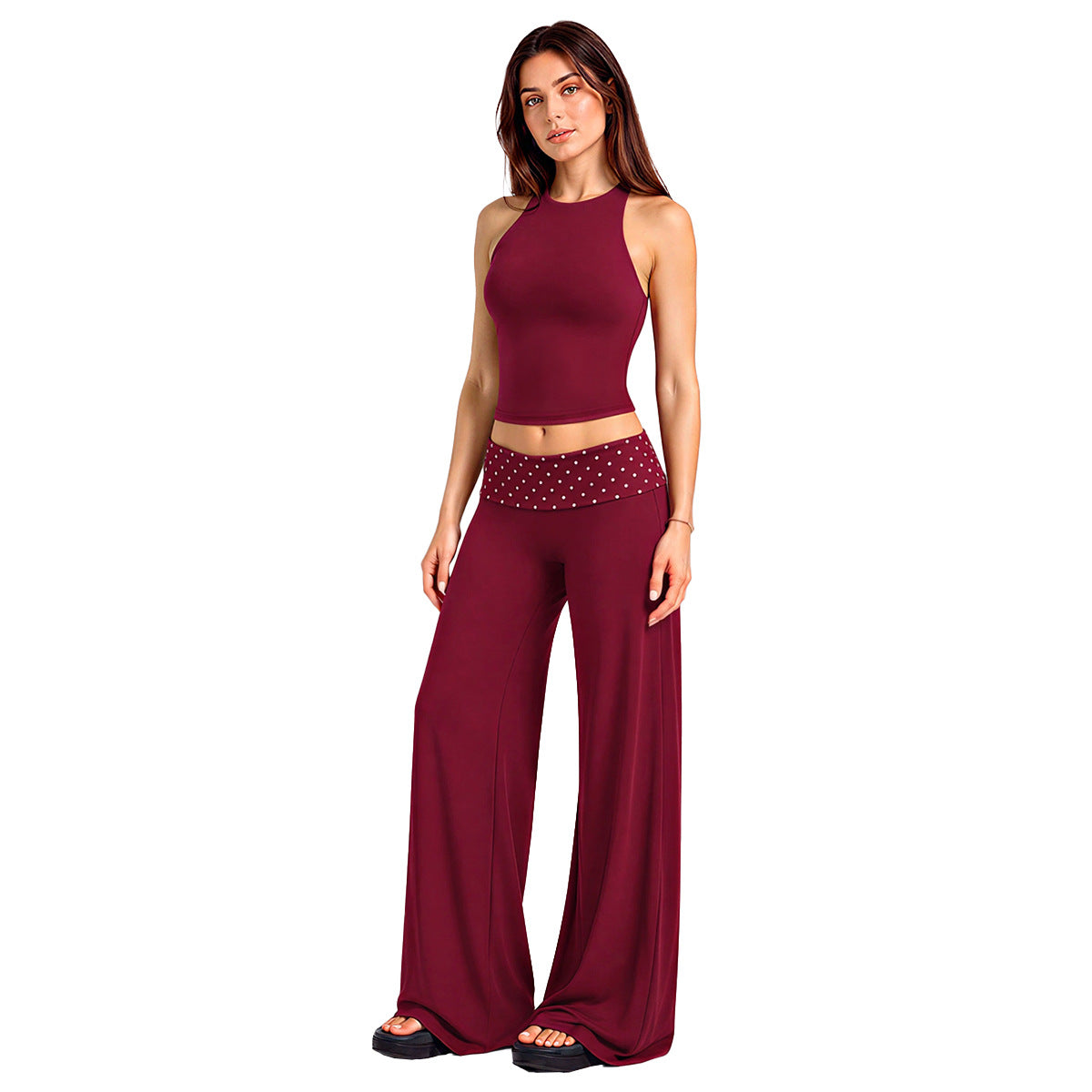 Wholesale Women’s Activewear Set | Halter Sports Top & Contrast Polka Dot Workout Pants | fouregg